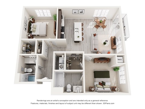 Floor plan for 2 beds, 2 baths, 1080 sqft